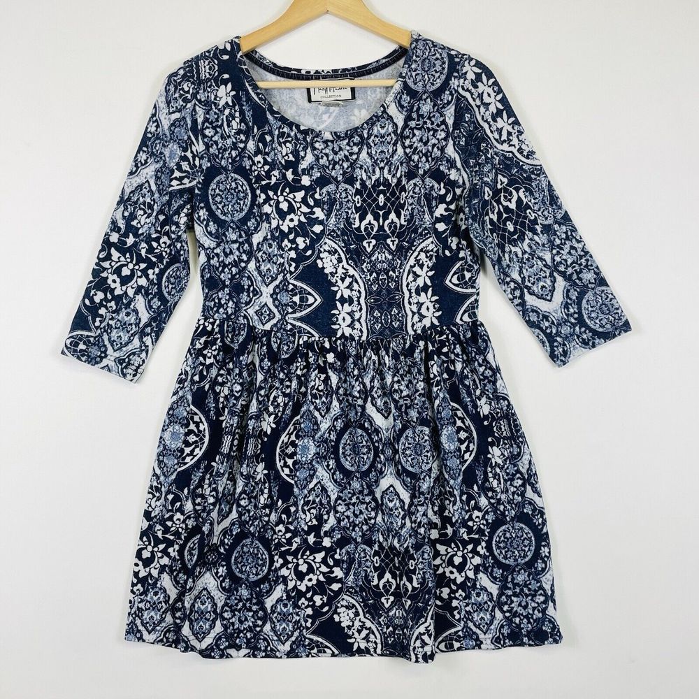 Mary McFadden Blue White Fine Knit Half Sleeve Fit Flare Pullover Dress Women 10